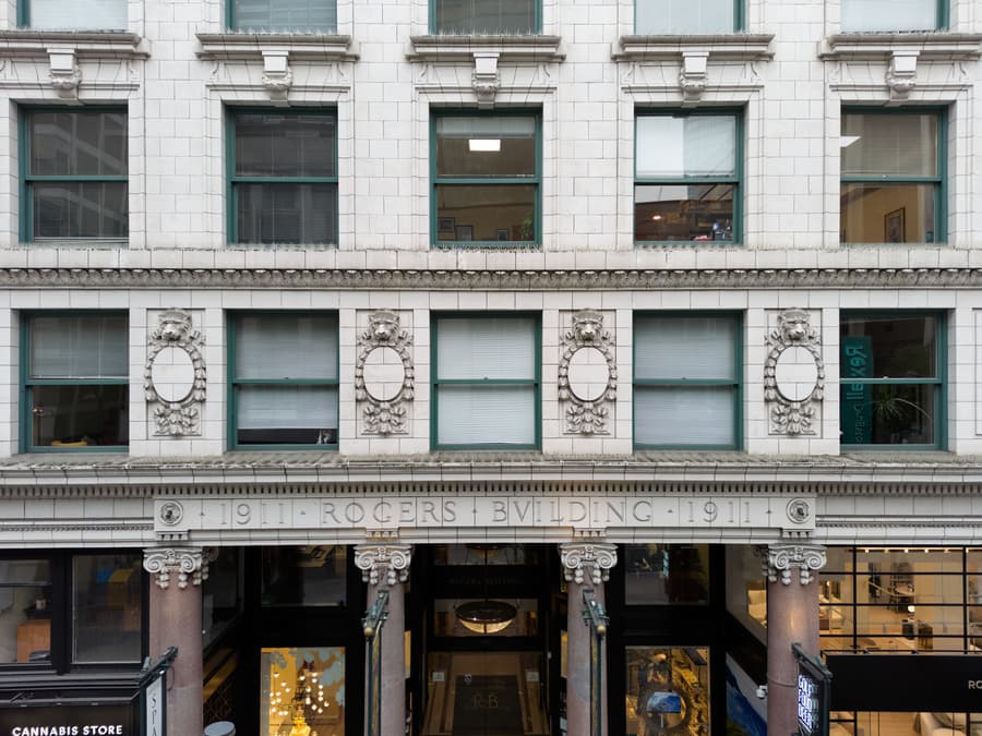 Rogers Building façade with carved inscription reading 1911 ROGERS BVILDING 1911